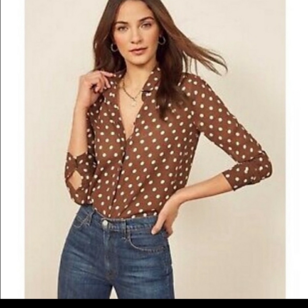 REFORMATION Au Lait Brown Polka Dot VIOLET Blouse
